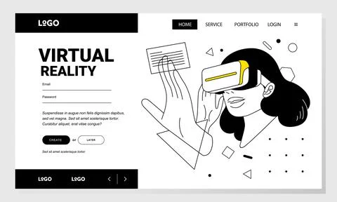 Website banner line art vector illustration of women in wirtual reality using Stock Illustration