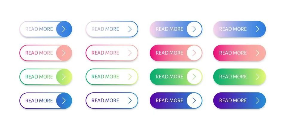 Website button Read More with arrow. Simple gradient flat buttons. Rounded Stock Illustration