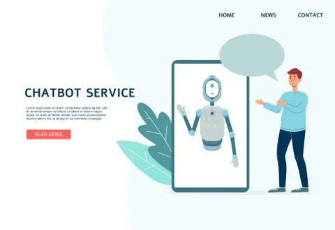 Website for chatbot services with virtual bot app, flat vector illustration. Stock Illustration