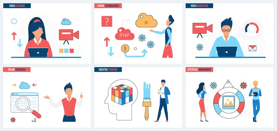 Website coding and interface improvement, online research and video marketing Illustrazione stock