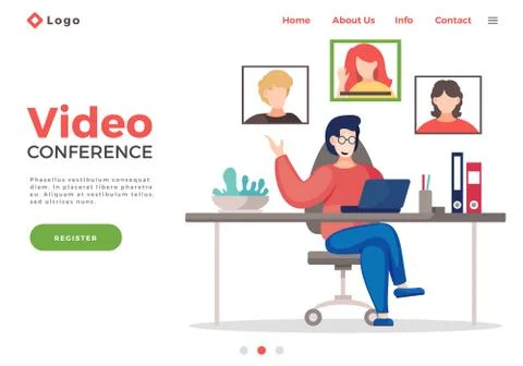 Website concept, office worker sitting at table has online video conference with Illustrazione stock