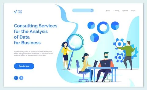 Website of consulting service for analysis of data for business. People work in Stock Illustration