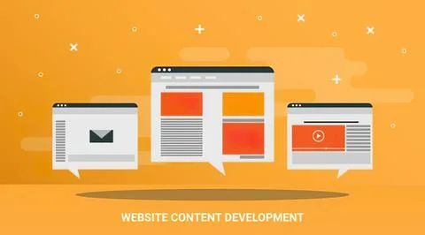 Website content development with browser windows and icons Illustrazione stock