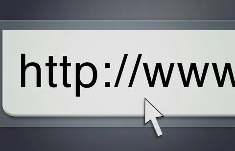 Website, cursor and url of search bar on computer screen for information Foto stock