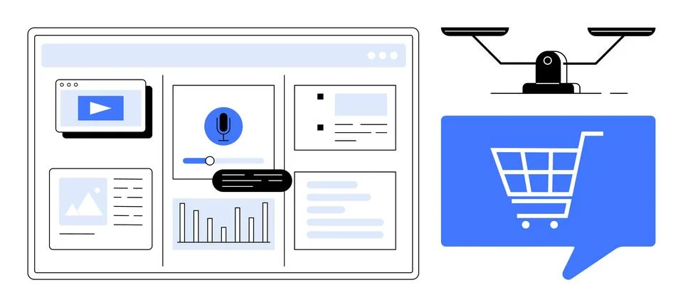 Website dashboard interface with audio input, video, document, and analytics  스톡 일러스트