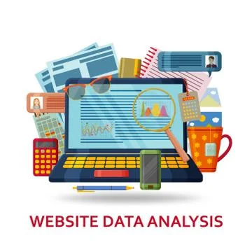 Website data analysis background. Laptop with infographic elements and abstract Stock Illustration