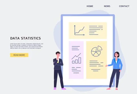 Website of data statistics with people watching graphs flat vector illustration. Stock Illustration
