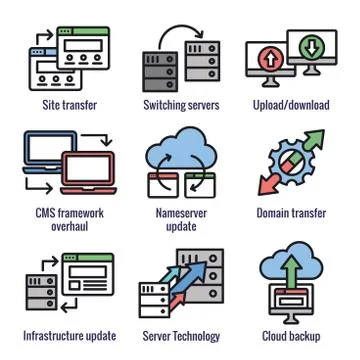 Website Data Transfer Icon Set with laptops, arrows, and imagery of transfer 스톡 일러스트