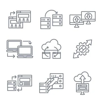 Website Data Transfer Icon Set with laptops, arrows, and imagery of transfer Illustrazione stock