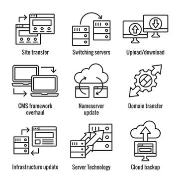 Website Data Transfer Icon Set with laptops, arrows, and imagery of transfer Illustrazione stock
