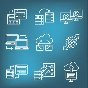 Website Data Transfer Icon Set with laptops, arrows, and imagery of transfer Illustrazione stock