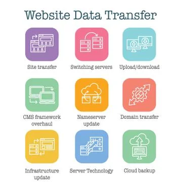 Website Data Transfer Icon Set with laptops, arrows, and imagery of transfer Illustrazione stock