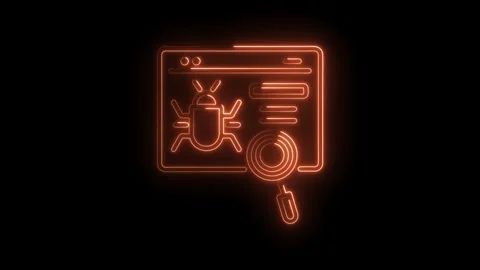 Website debugging with magnifying glass and bug in neon glow on black backg.. Video stock 345993115