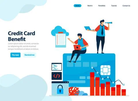 Website design of benefits of using credit card. get a short-term loan with m Stock Illustration