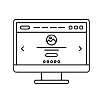 Website design in computer screen lined icon. Landing page on monitor line icon Stock Illustration
