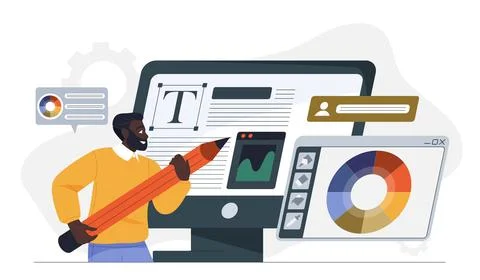 Website design concept. Man with huge pencil near computer monitor. Graphic Stockillustratie