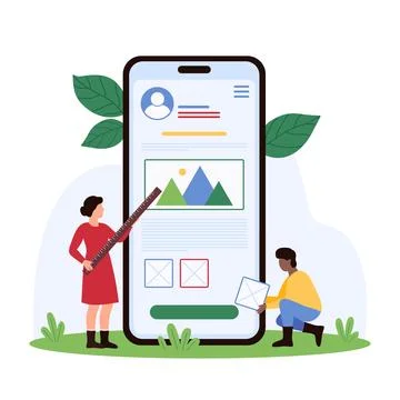 Website design creation or redesign process in mobile app, tiny people build 스톡 일러스트