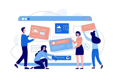 Website design development concept. Landing page template designed by men and 스톡 일러스트