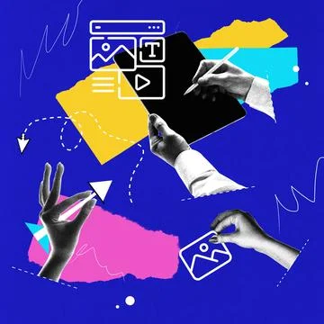 Website design. Hands assemble website layout, content icons, and image 스톡 사진