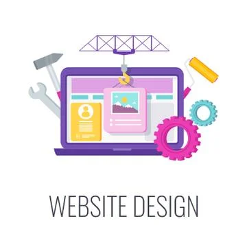 Website design icon. Construction crane puts blocks of information on a site. Stock Illustration