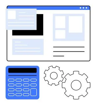 Website design interface with calculator and gears, representing design, de.. イラスト素材