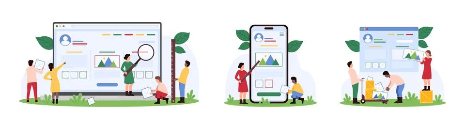 Website design making process set, tiny people build webpage or mobile app UI in Illustrazione stock