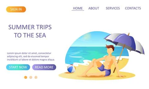Website design with a man resting on the seashore. Stock Illustration