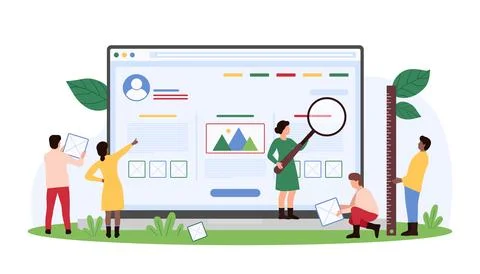 Website design or redesign process, creative interface creation by tiny people Stock Illustration