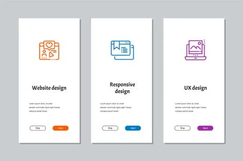 Website design, Responsive design, UX design onboarding screens Stock Illustration