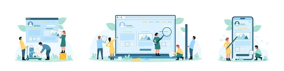 Website design set, tiny people building customizable wireframe of homepage Ilustración de archivo