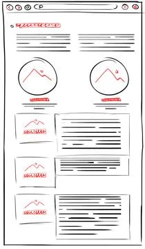 Website design template. Wireframe with different elements on white backgroun Stock Photos