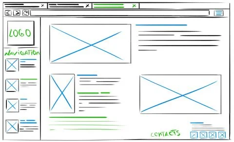 Website design template. Wireframe with different elements on white backgroun Stock Photos