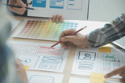 Website designer Creative planning application development draft sketch dra.. 스톡 사진