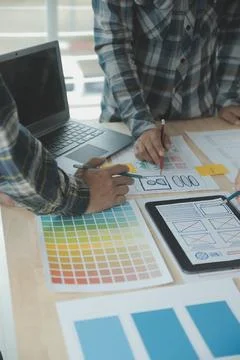 Website designer Creative planning application development draft sketch dra.. 스톡 사진