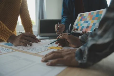 Website designer Creative planning application development draft sketch dra.. 스톡 사진