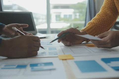 Website designer Creative planning application development draft sketch dra.. 스톡 사진