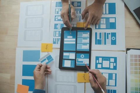 Website designer Creative planning application development draft sketch dra.. 스톡 사진