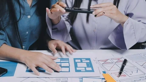 Website designer, Creative planning phone app development template layout f.. Stock Footage 304846892