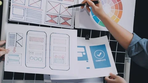 Website designer, Creative planning phone app development template layout f.. Stock Footage 304846907