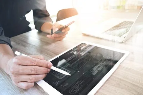 Website designer working digital tablet and computer laptop and digital des.. Stock Photos