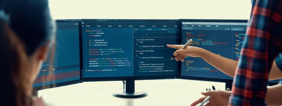 Website developer team brainstorming and sharing idea at office. Burgeoning. Stockfoto's