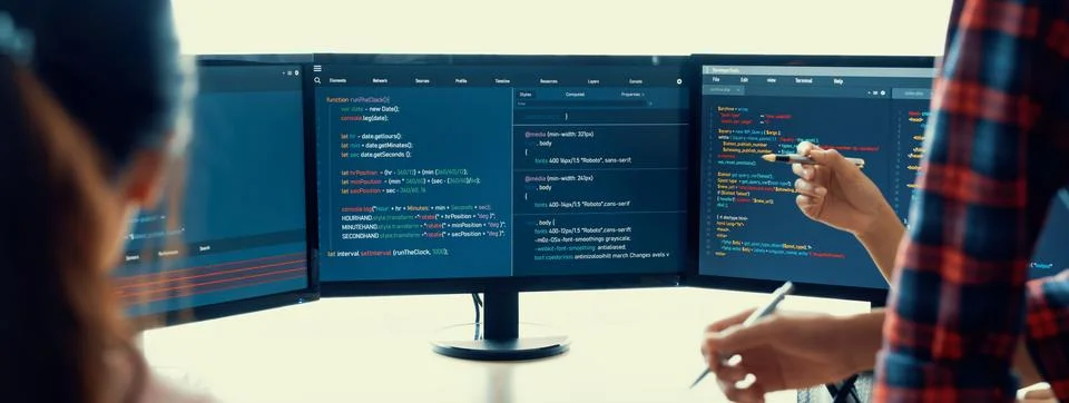 Website developer team brainstorming and sharing idea at office. Burgeoning. Stockfoto's
