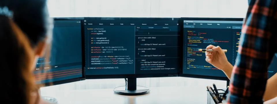 Website developer team brainstorming and sharing idea at office. Burgeoning. Stockfoto's