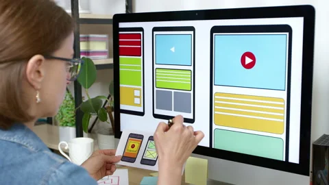 Website developer. A woman designer is working on sketches of mobile application Stock Footage 220603667