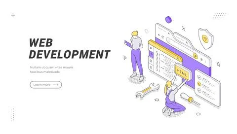 Website development and programming service isometric banner template. UI and Stock-Illustration