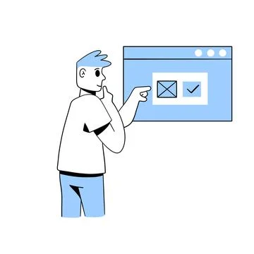 Website development. Error window. Thoughtful man touches chin. Illustrazione stock