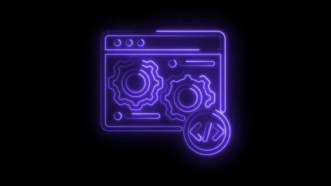 Website development with glowing neon style gears and code isolated on black Stock Footage 330777572