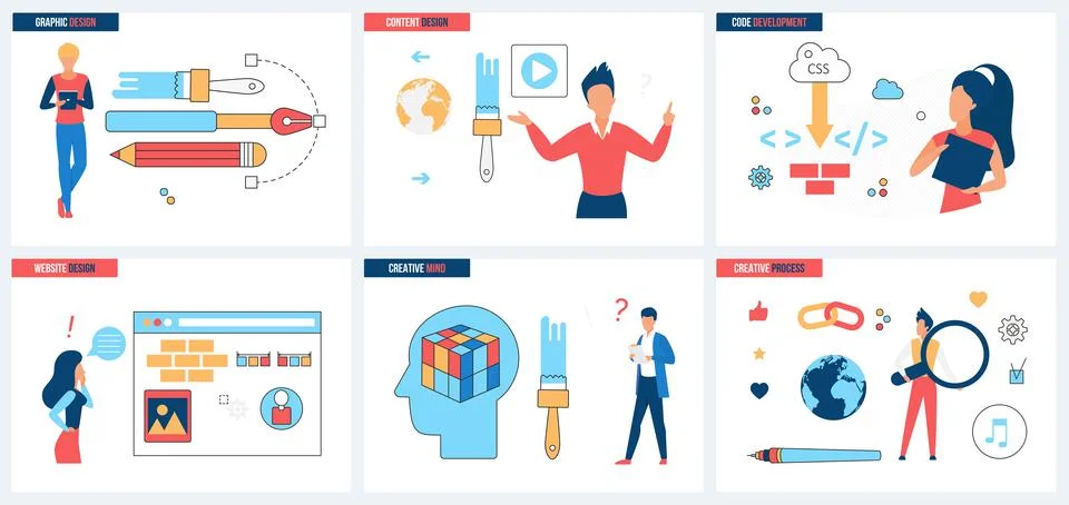 Website development, graphic and content design, code and creative thinking Illustrazione stock