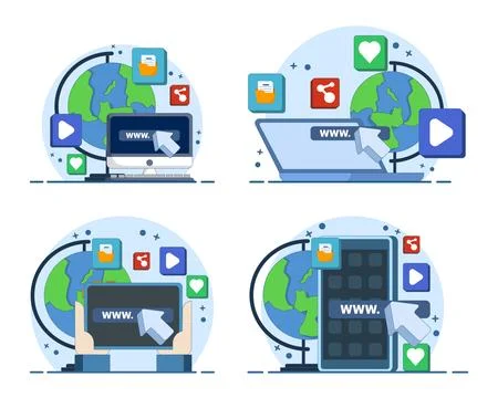 Website development illustration set featuring digital business platforms Stock Illustration