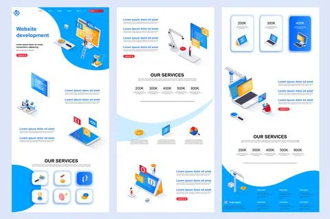Website development isometric landing page. Illustrazione stock